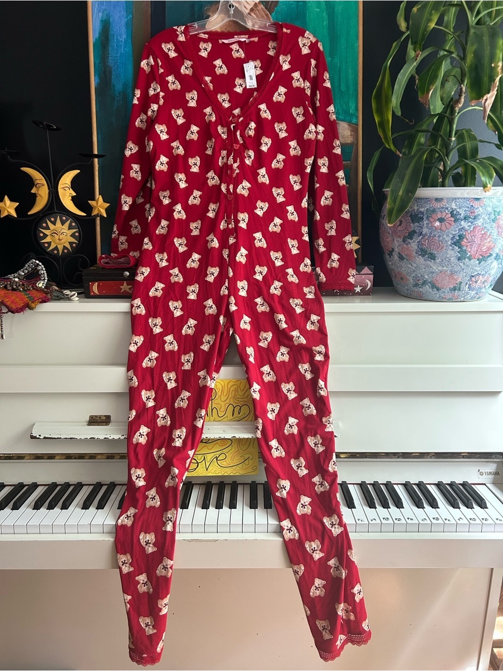 NWT La Vie en Rose Red Teddy Bear Print Pajama One Piece